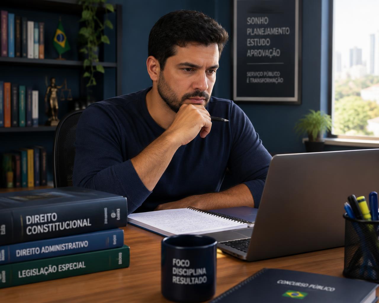 Aluno estudando para concurso público com livros de direito e notebook